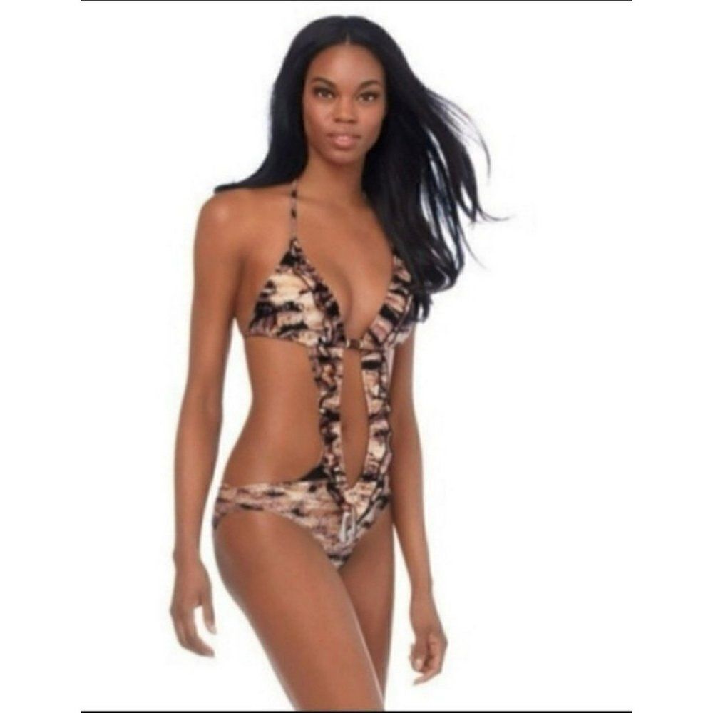 KARDASHIAN KOLLECTION Animal Print Plunge Mono Kini Women's Size Small